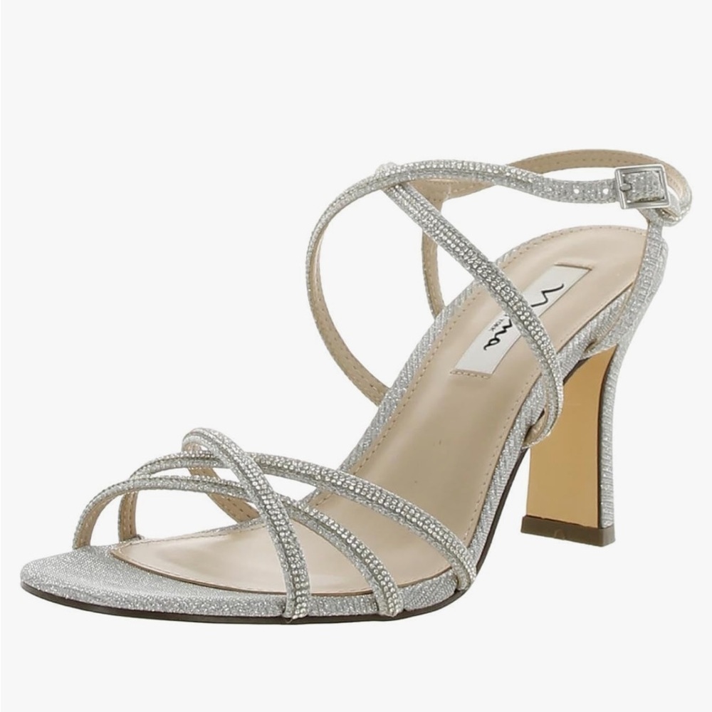 Nina Womens Anna Embellished Open Toe Pumps Silver Strappy Heels size 6M